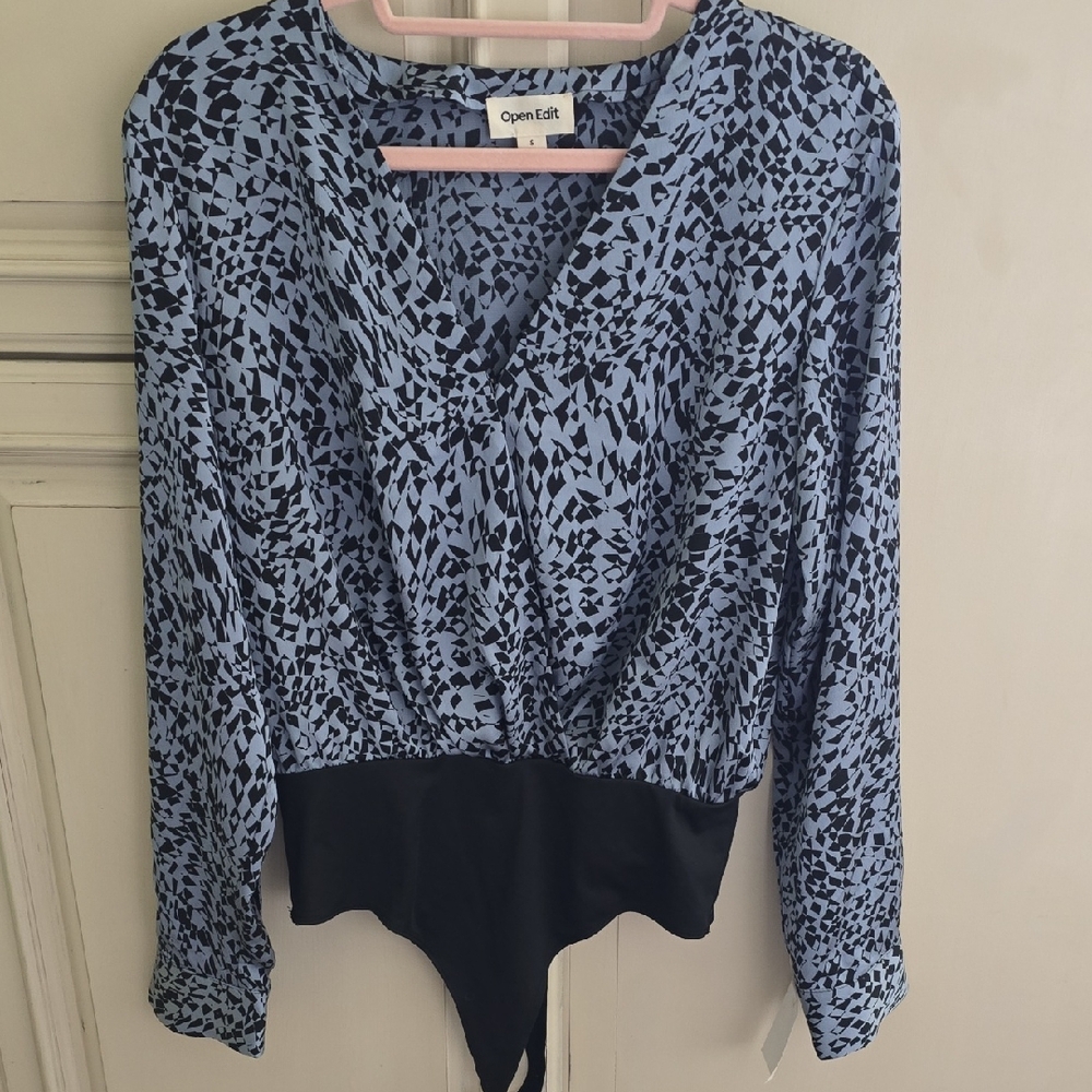 Open Edit Women's Black and Blue Patterned Bodysuit
